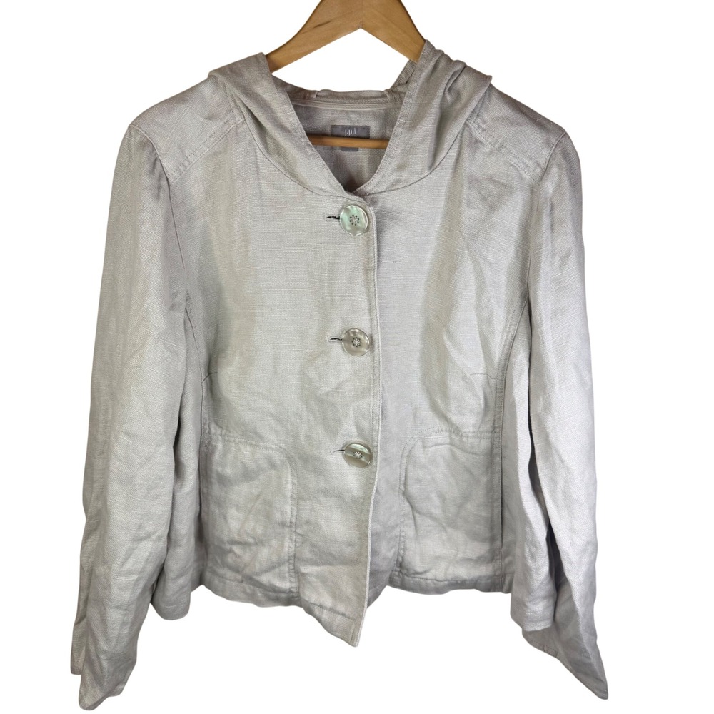 J.Jill‎ Womens Hemp Hooded Jacket Button Front Beige Size LG Split Back Career